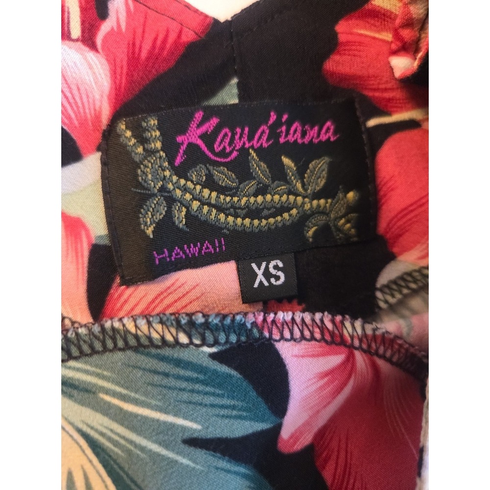 Kaua'iana Hawaiian Dress Tropical Palm Rayon Flare Black Floral Sz XS - Picture 8 of 11